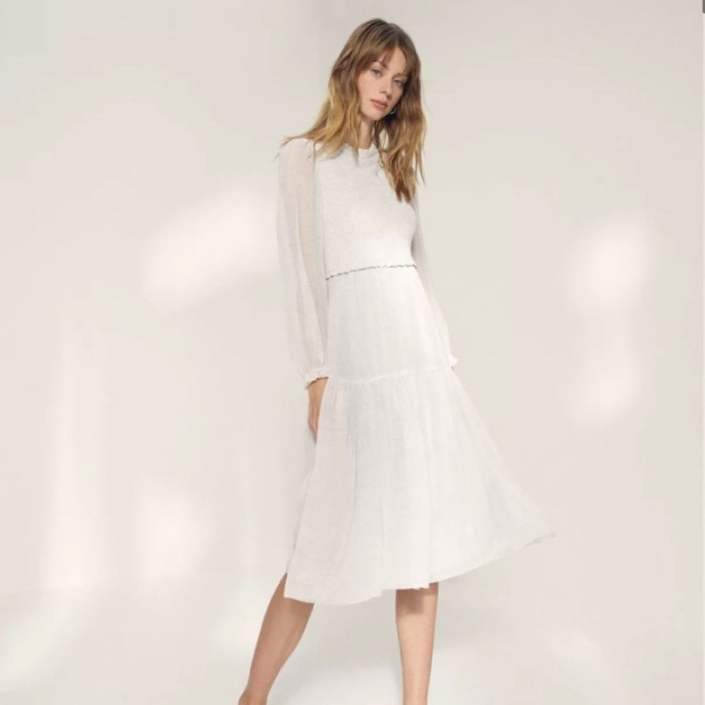 Aritzia Wilfred Rosalyn Midi Dress Ruffle Tiered Sheer Long Sleeve Beige Sz L